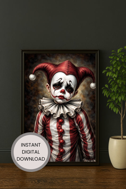 Vintage Harlequin Clown Portrait als digitales Horror Poster mit melancholischem Ausdruck und roter Farbpalette.