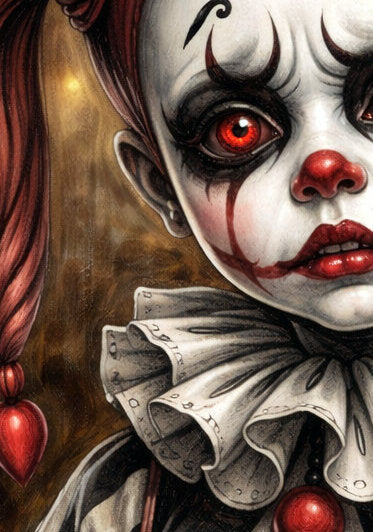 Vintage Harlequin Clown Portrait Poster mit roten Augen und düsterer Zirkusatmosphäre als digitaler Download.