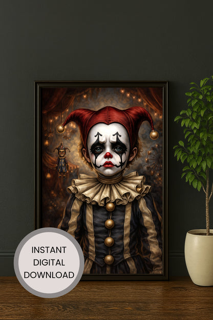 Vintage Harlequin Clown Portrait Poster im Dark Circus Stil mit roten Augen und nostalgischer Zirkusatmosphäre.