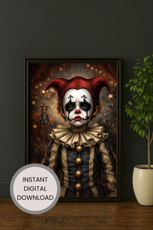 Vintage Harlequin Clown Portrait Poster im Dark Circus Stil mit roten Augen und nostalgischer Zirkusatmosphäre.