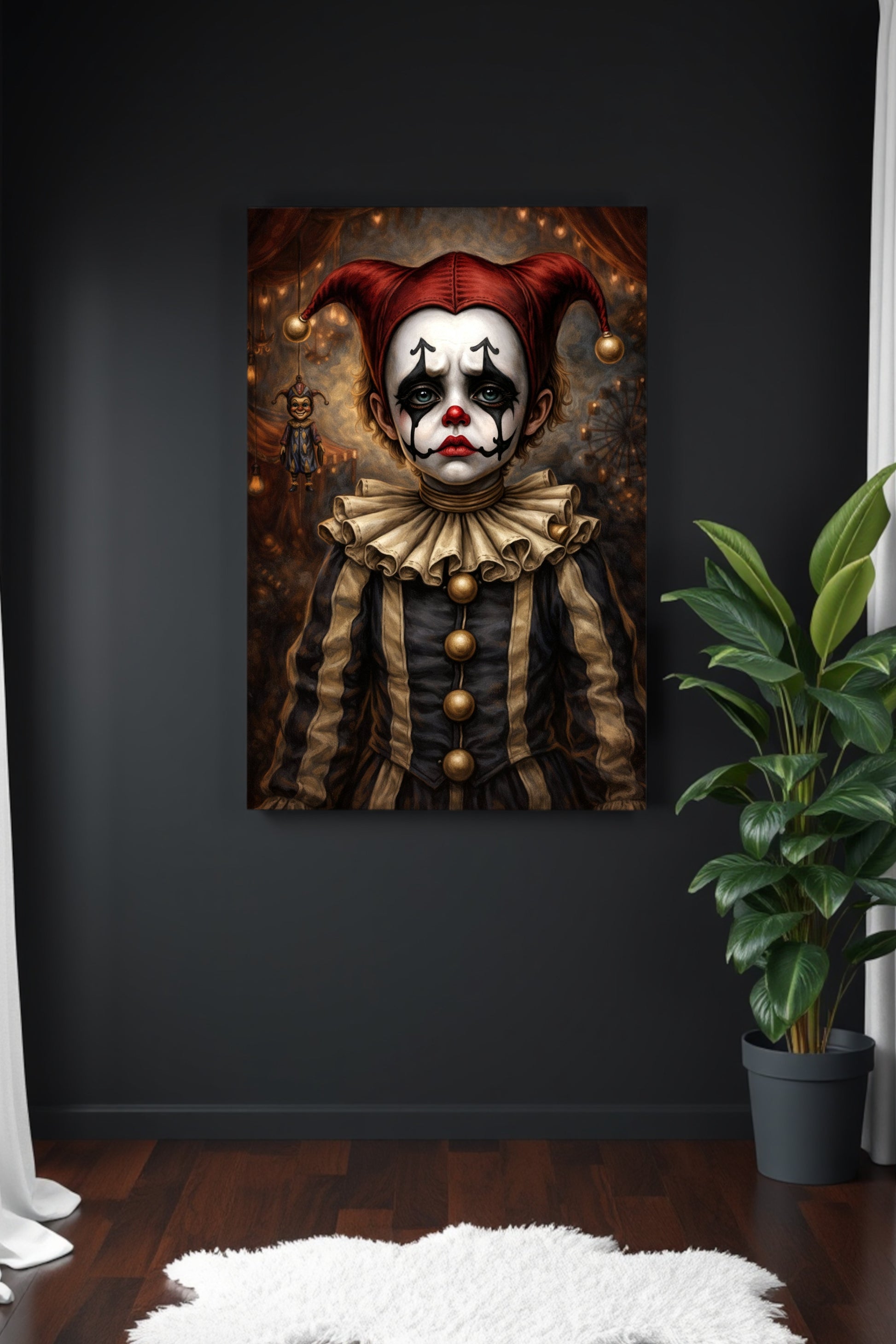 Vintage Harlequin Clown Portrait Poster im Dark Circus Stil mit roten Augen und nostalgischer Zirkusatmosphäre.