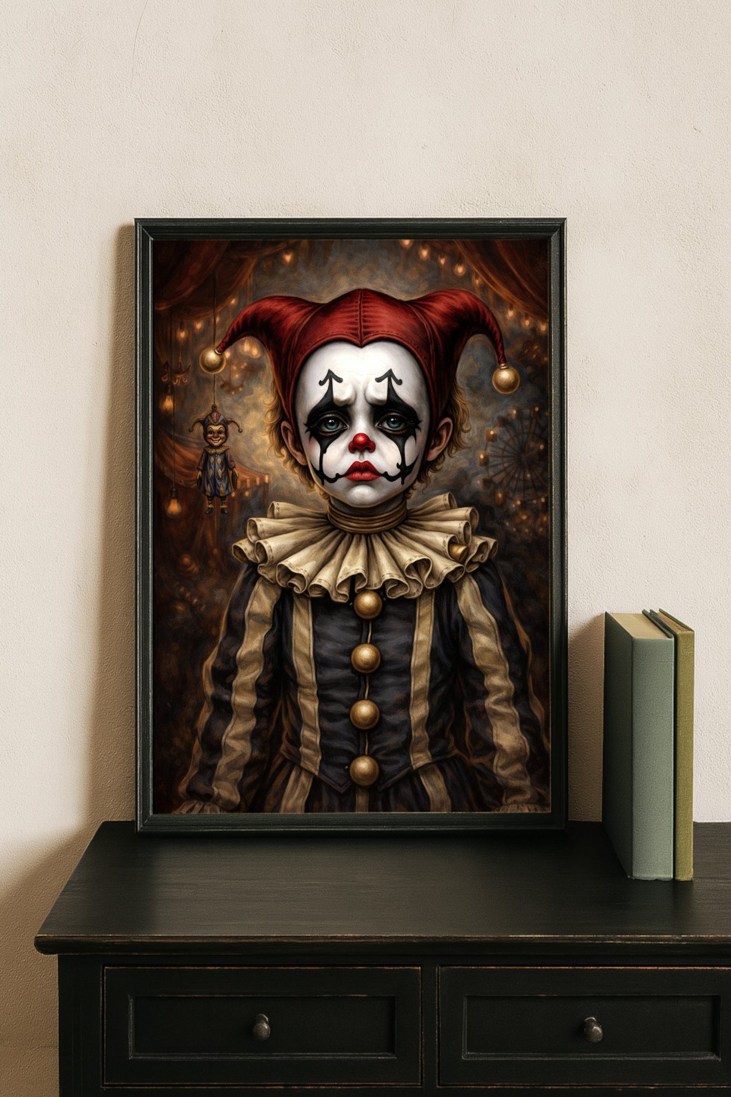 Vintage Harlequin Clown Portrait Poster im Dark Circus Stil mit roten Augen und nostalgischer Zirkusatmosphäre.