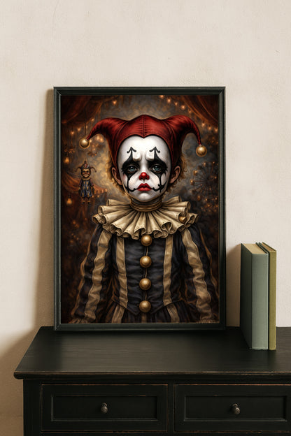 Vintage Harlequin Clown Portrait Poster im Dark Circus Stil mit roten Augen und nostalgischer Zirkusatmosphäre.