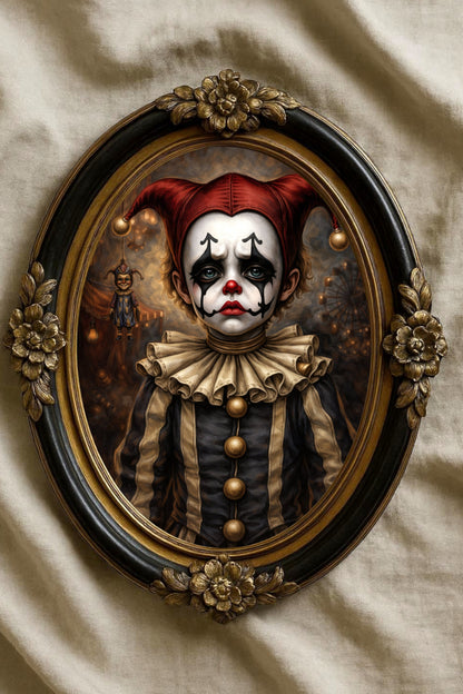 Vintage Harlequin Clown Portrait Poster im Dark Circus Stil mit roten Augen und nostalgischer Zirkusatmosphäre.