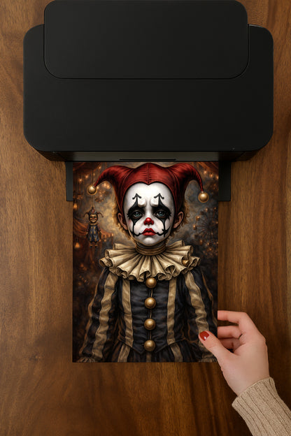 Vintage Harlequin Clown Portrait Poster im Dark Circus Stil mit roten Augen und nostalgischer Zirkusatmosphäre.