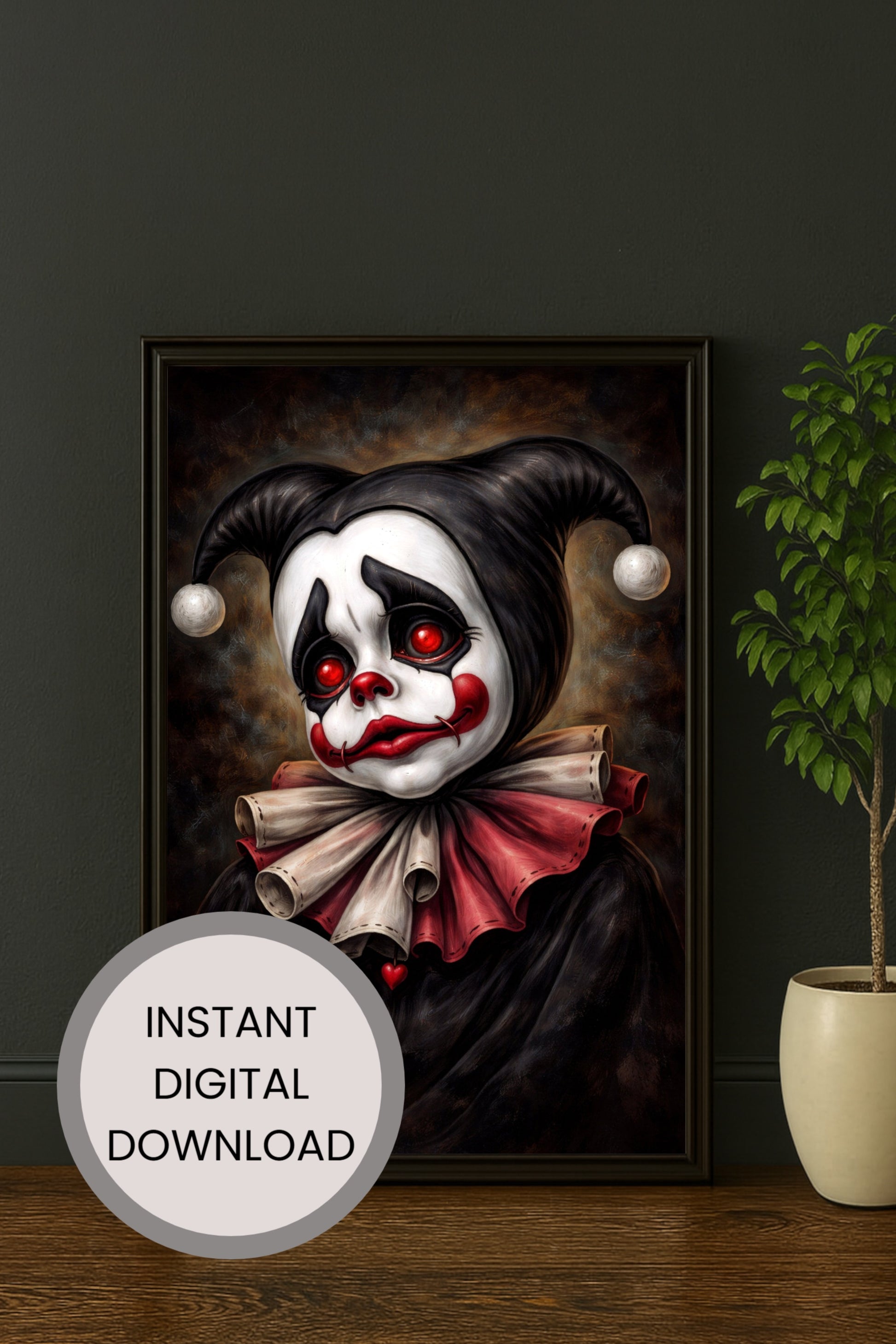 Vintage Harlequin Clown Portrait Poster mit schwarzer Maske, roten Augen und düsterem Gothic-Stil.