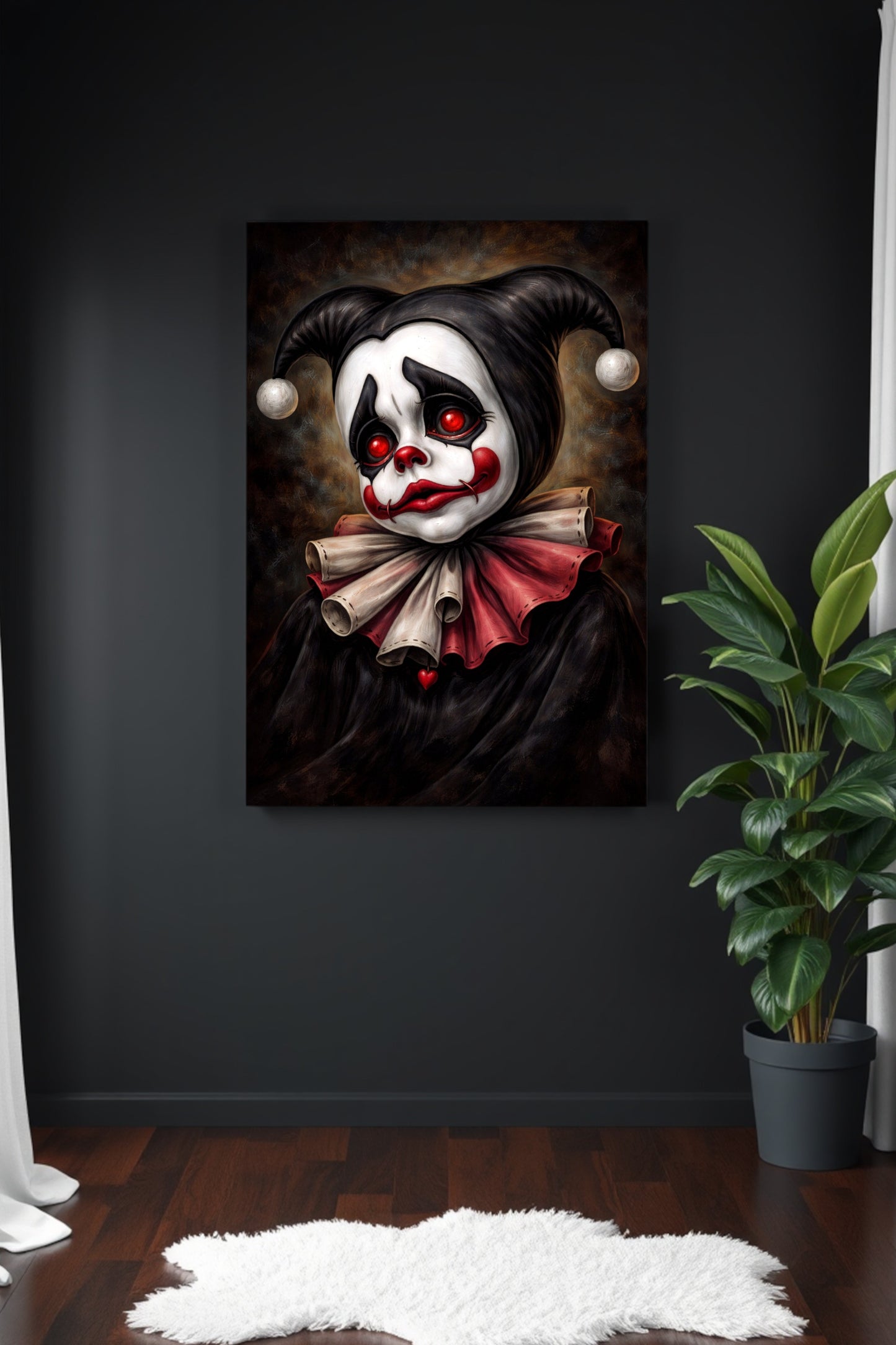 Vintage Harlequin Clown Portrait Poster mit schwarzer Maske, roten Augen und düsterem Gothic-Stil.