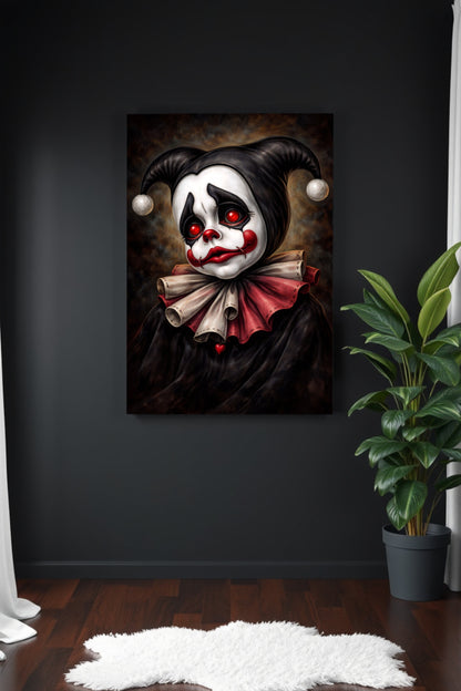 Vintage Harlequin Clown Portrait Poster mit schwarzer Maske, roten Augen und düsterem Gothic-Stil.