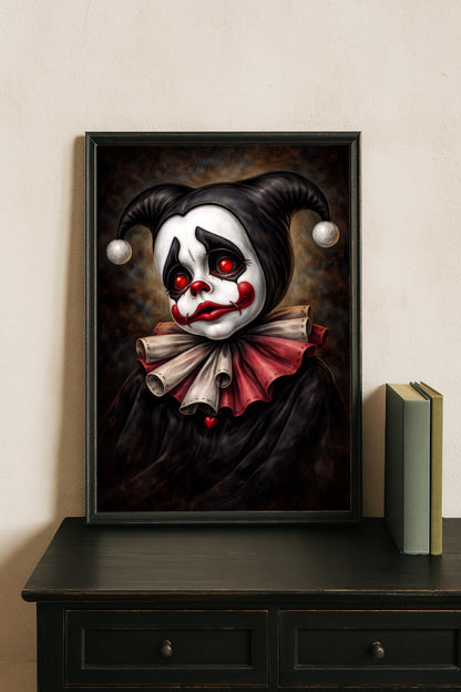 Vintage Harlequin Clown Portrait Poster mit schwarzer Maske, roten Augen und düsterem Gothic-Stil.
