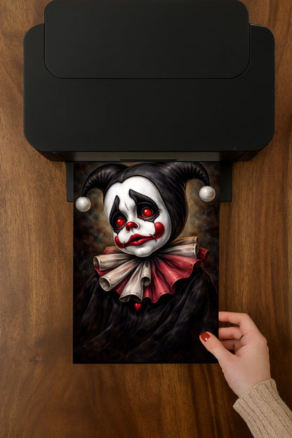 Vintage Harlequin Clown Portrait Poster mit schwarzer Maske, roten Augen und düsterem Gothic-Stil.