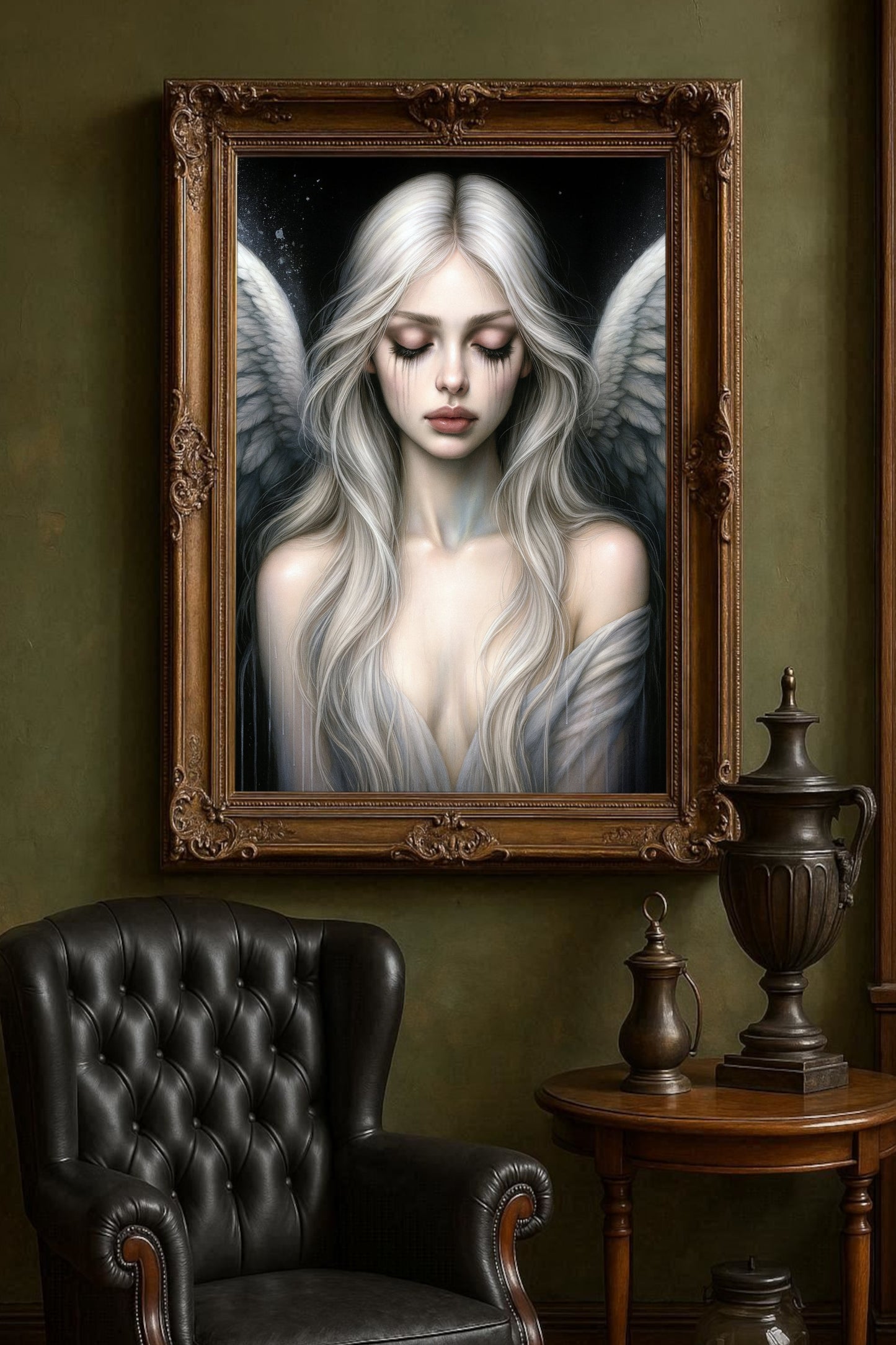 Melancholischer Engel mit geschlossenen Augen und ausgebreiteten Flügeln in ruhiger, dunkler Bildstimmung