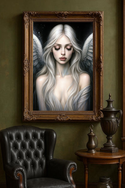 Melancholischer Engel mit geschlossenen Augen und ausgebreiteten Flügeln in ruhiger, dunkler Bildstimmung