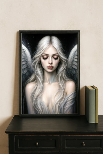 Melancholischer Engel mit geschlossenen Augen und ausgebreiteten Flügeln in ruhiger, dunkler Bildstimmung