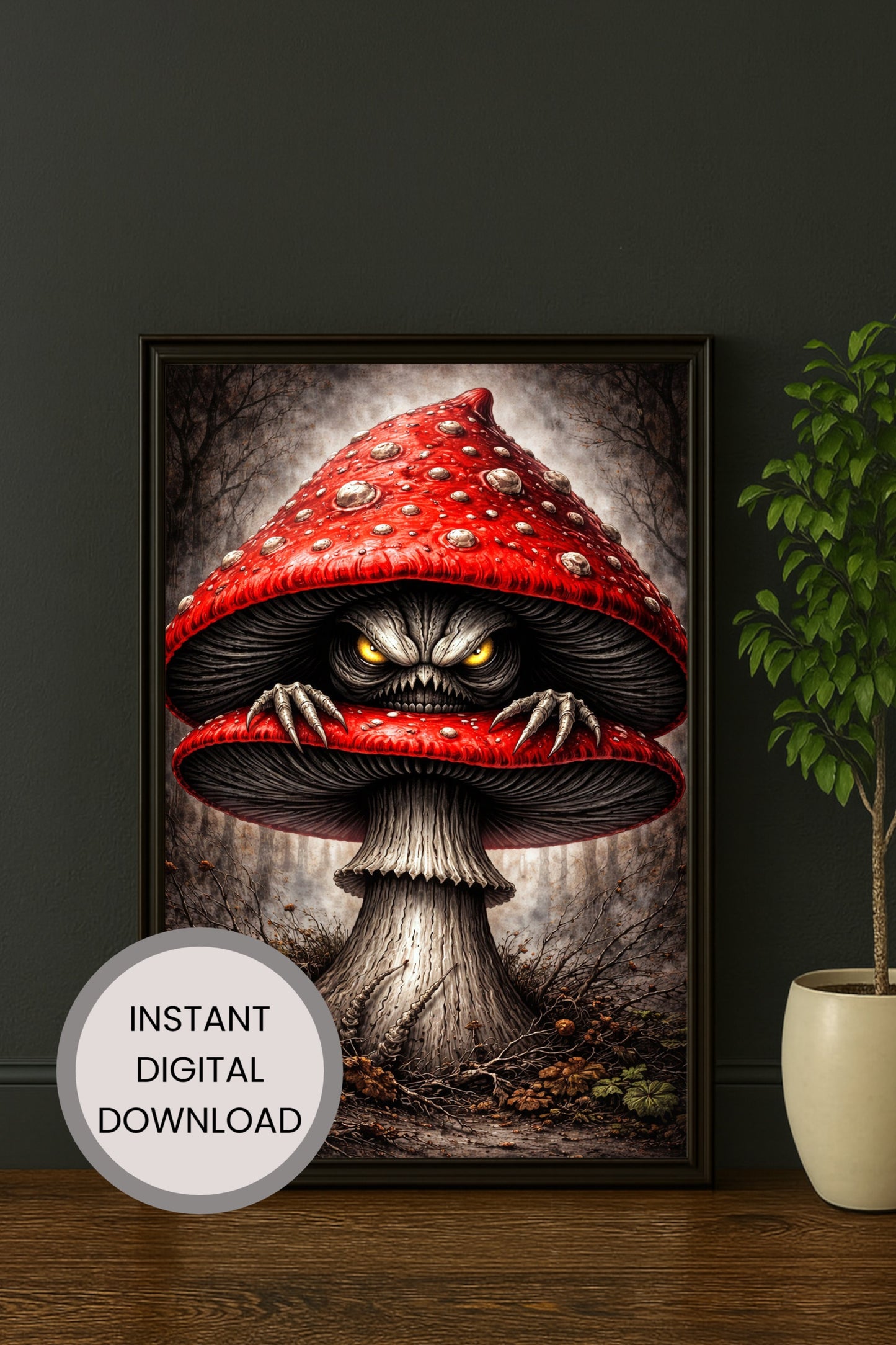 Illustration einer unheimlichen Kreatur mit leuchtenden Augen, verborgen in einem roten Fliegenpilz in einem düsteren Wald