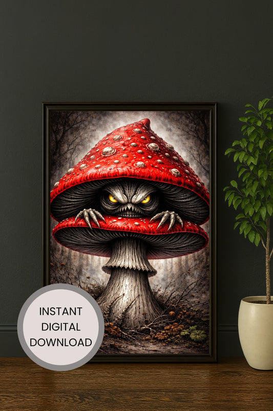 Illustration einer unheimlichen Kreatur mit leuchtenden Augen, verborgen in einem roten Fliegenpilz in einem düsteren Wald