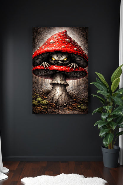 Illustration einer unheimlichen Kreatur mit leuchtenden Augen, verborgen in einem roten Fliegenpilz in einem düsteren Wald