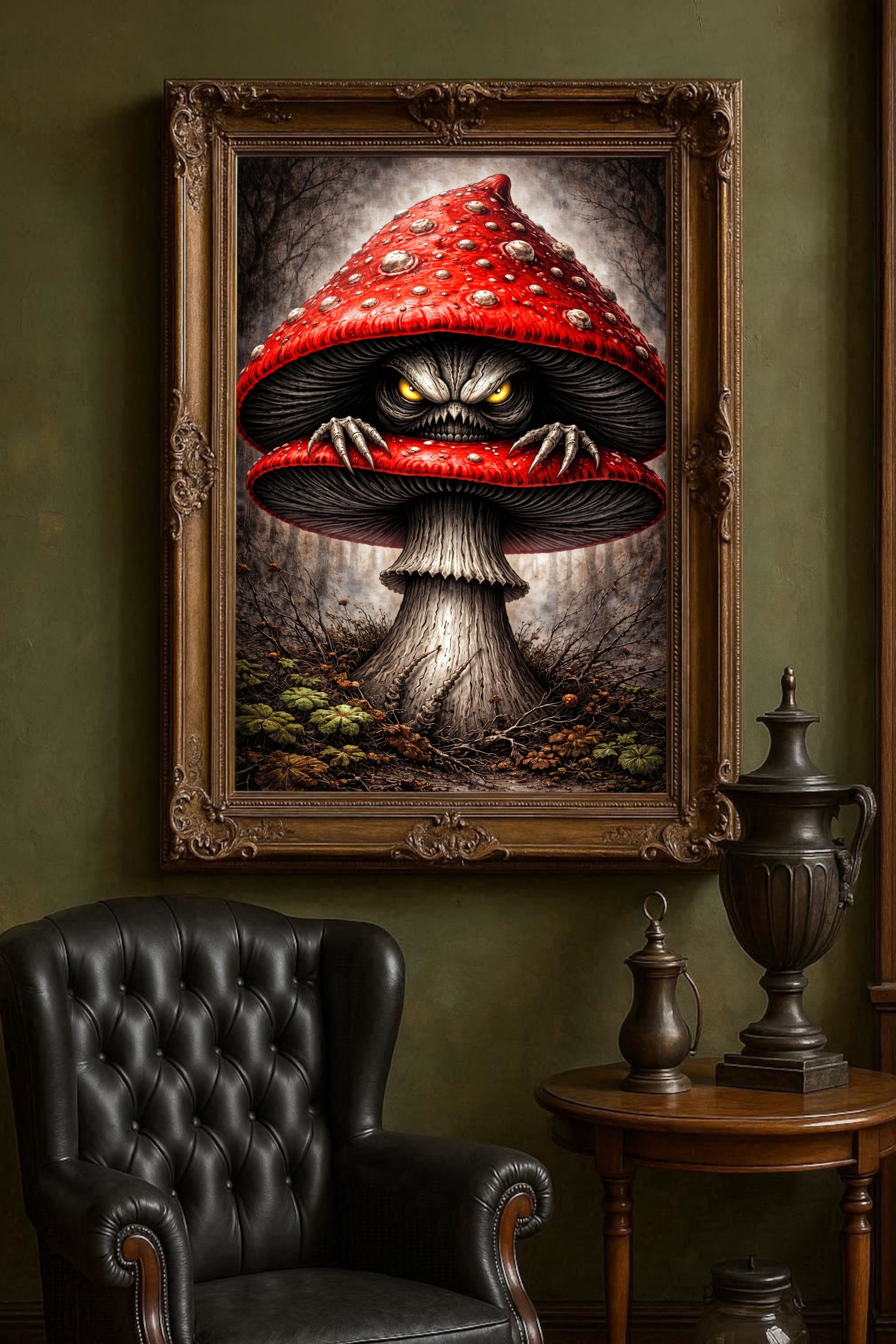 Illustration einer unheimlichen Kreatur mit leuchtenden Augen, verborgen in einem roten Fliegenpilz in einem düsteren Wald