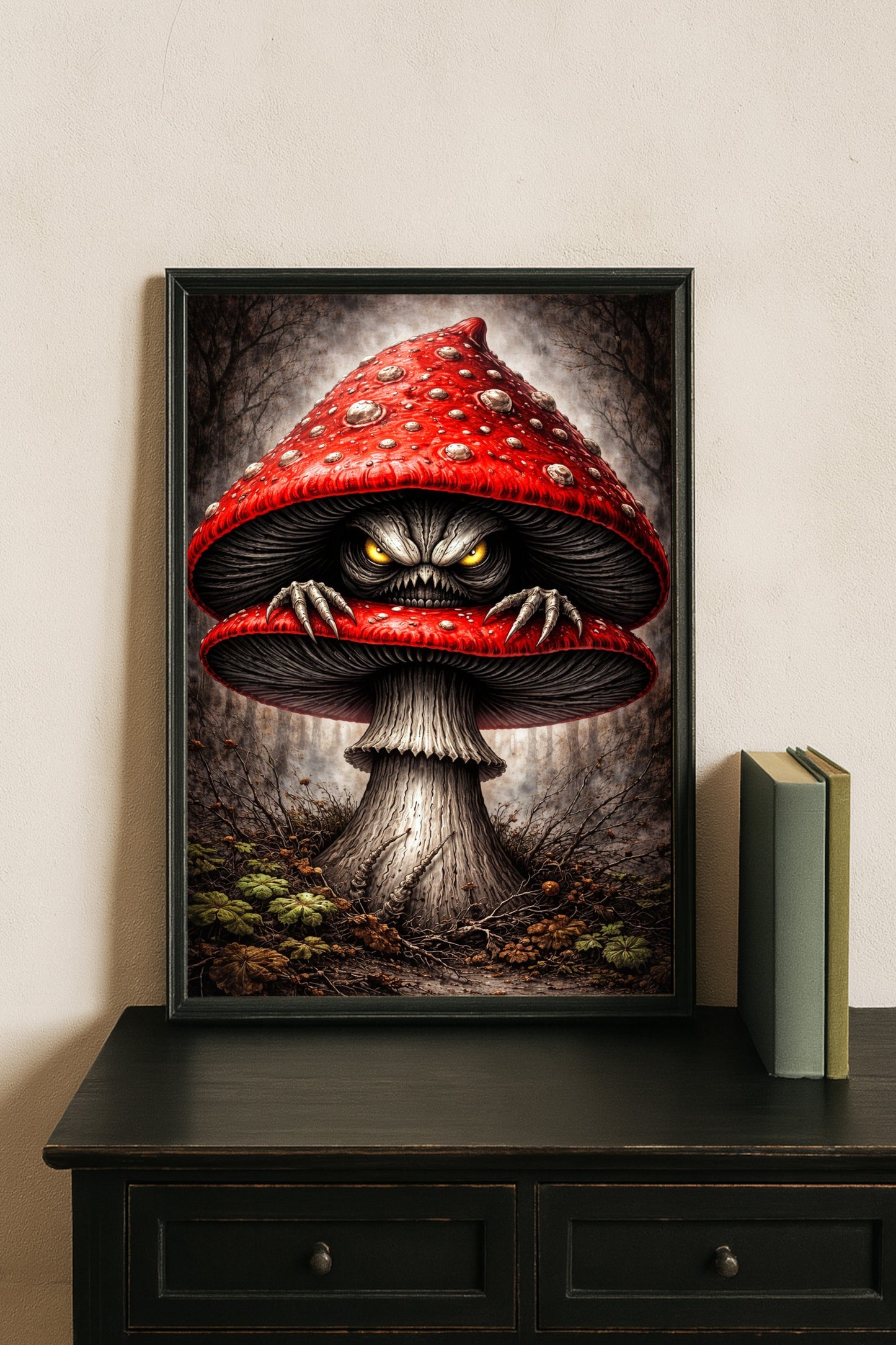 Illustration einer unheimlichen Kreatur mit leuchtenden Augen, verborgen in einem roten Fliegenpilz in einem düsteren Wald
