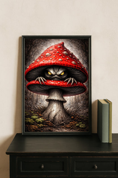 Illustration einer unheimlichen Kreatur mit leuchtenden Augen, verborgen in einem roten Fliegenpilz in einem düsteren Wald