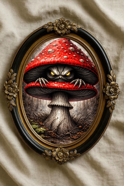 Illustration einer unheimlichen Kreatur mit leuchtenden Augen, verborgen in einem roten Fliegenpilz in einem düsteren Wald