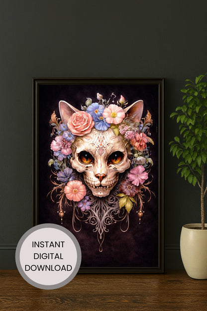 Illustration eines kunstvoll verzierten Katzen-Schädels mit Blumen, Ornamenten und leuchtenden Augen auf dunklem Hintergrund