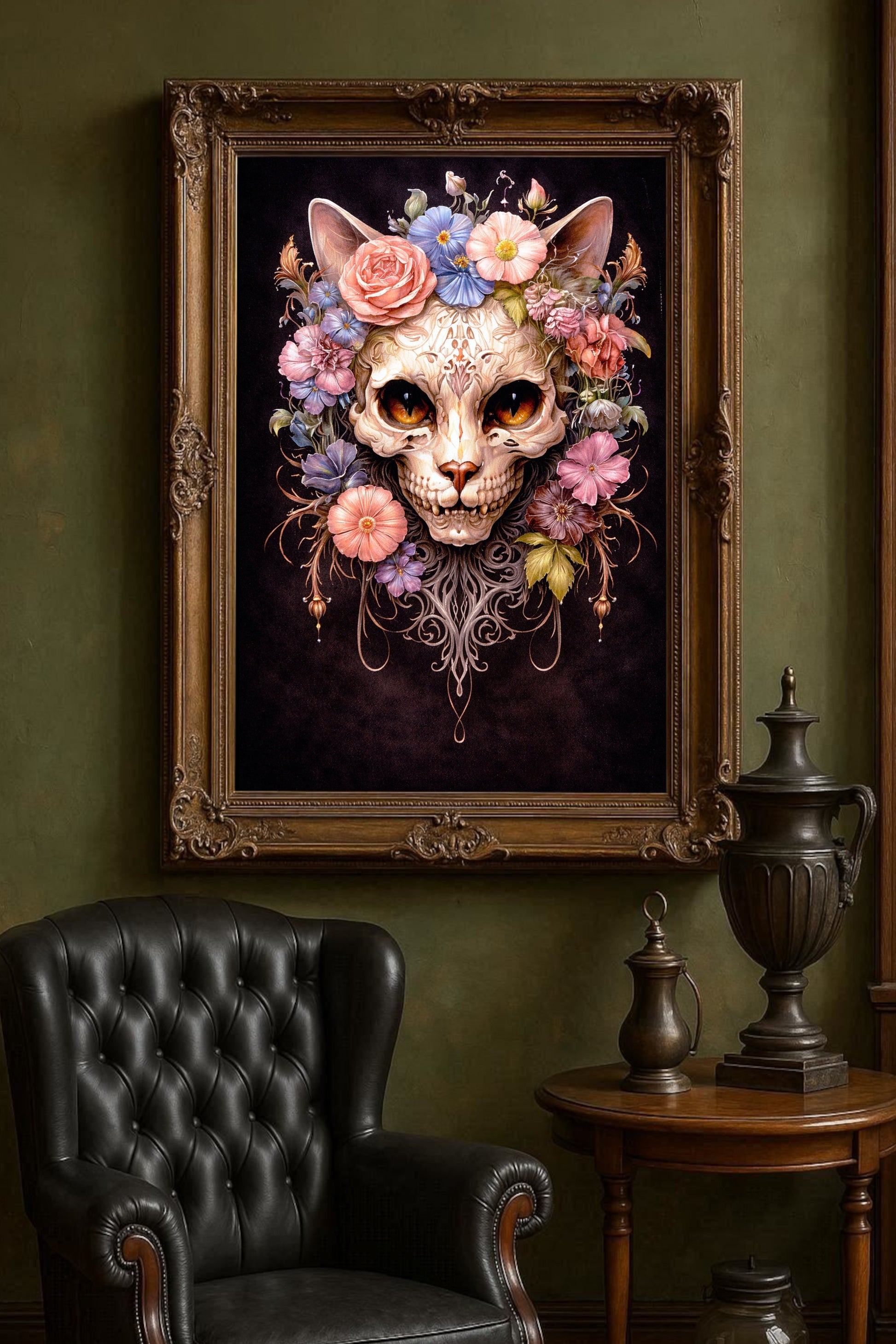 Illustration eines kunstvoll verzierten Katzen-Schädels mit Blumen, Ornamenten und leuchtenden Augen auf dunklem Hintergrund