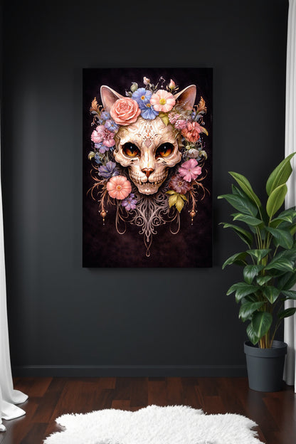 Illustration eines kunstvoll verzierten Katzen-Schädels mit Blumen, Ornamenten und leuchtenden Augen auf dunklem Hintergrund
