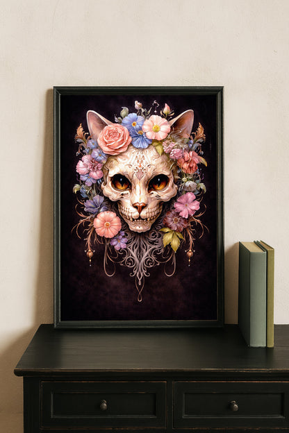 Illustration eines kunstvoll verzierten Katzen-Schädels mit Blumen, Ornamenten und leuchtenden Augen auf dunklem Hintergrund