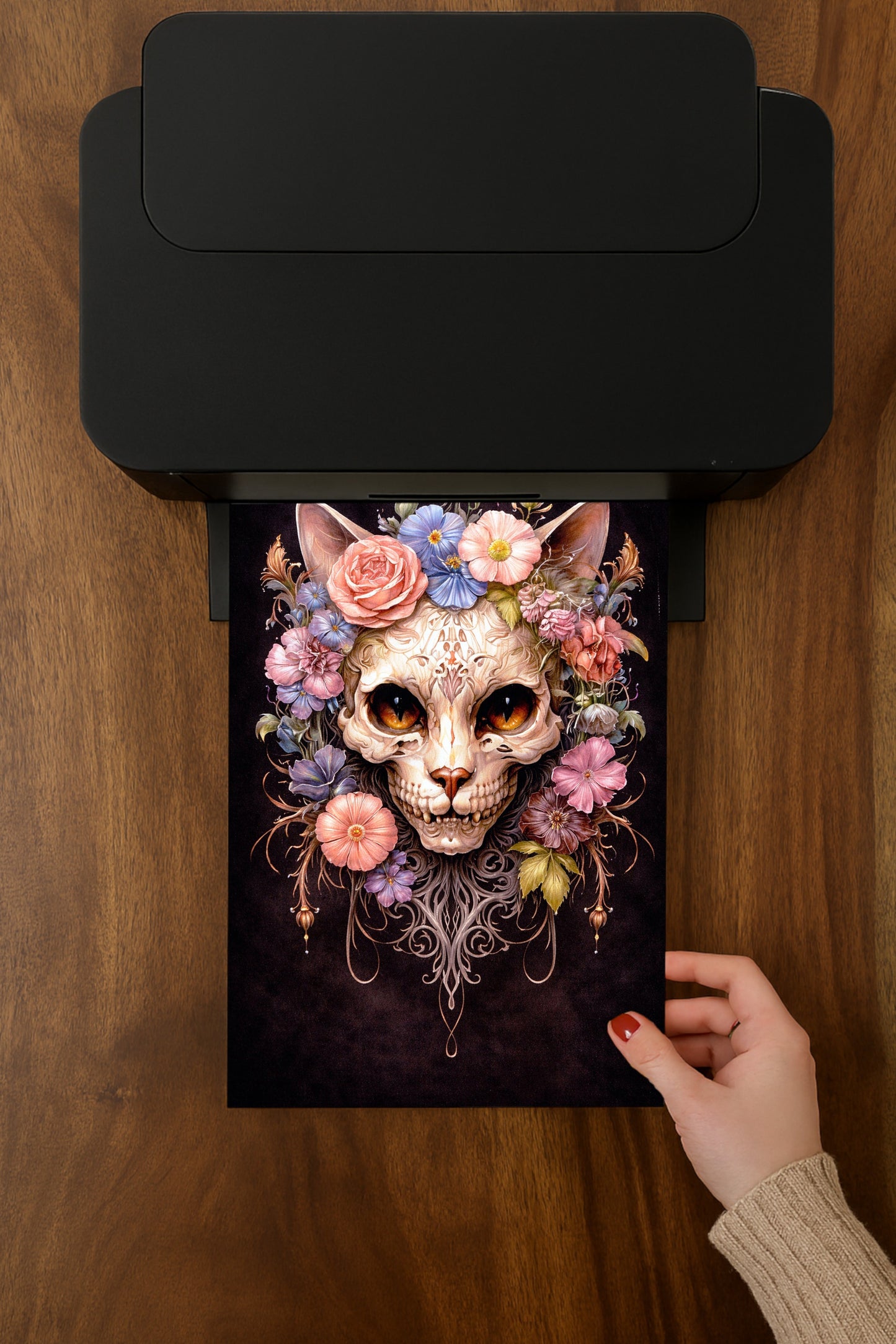 Illustration eines kunstvoll verzierten Katzen-Schädels mit Blumen, Ornamenten und leuchtenden Augen auf dunklem Hintergrund