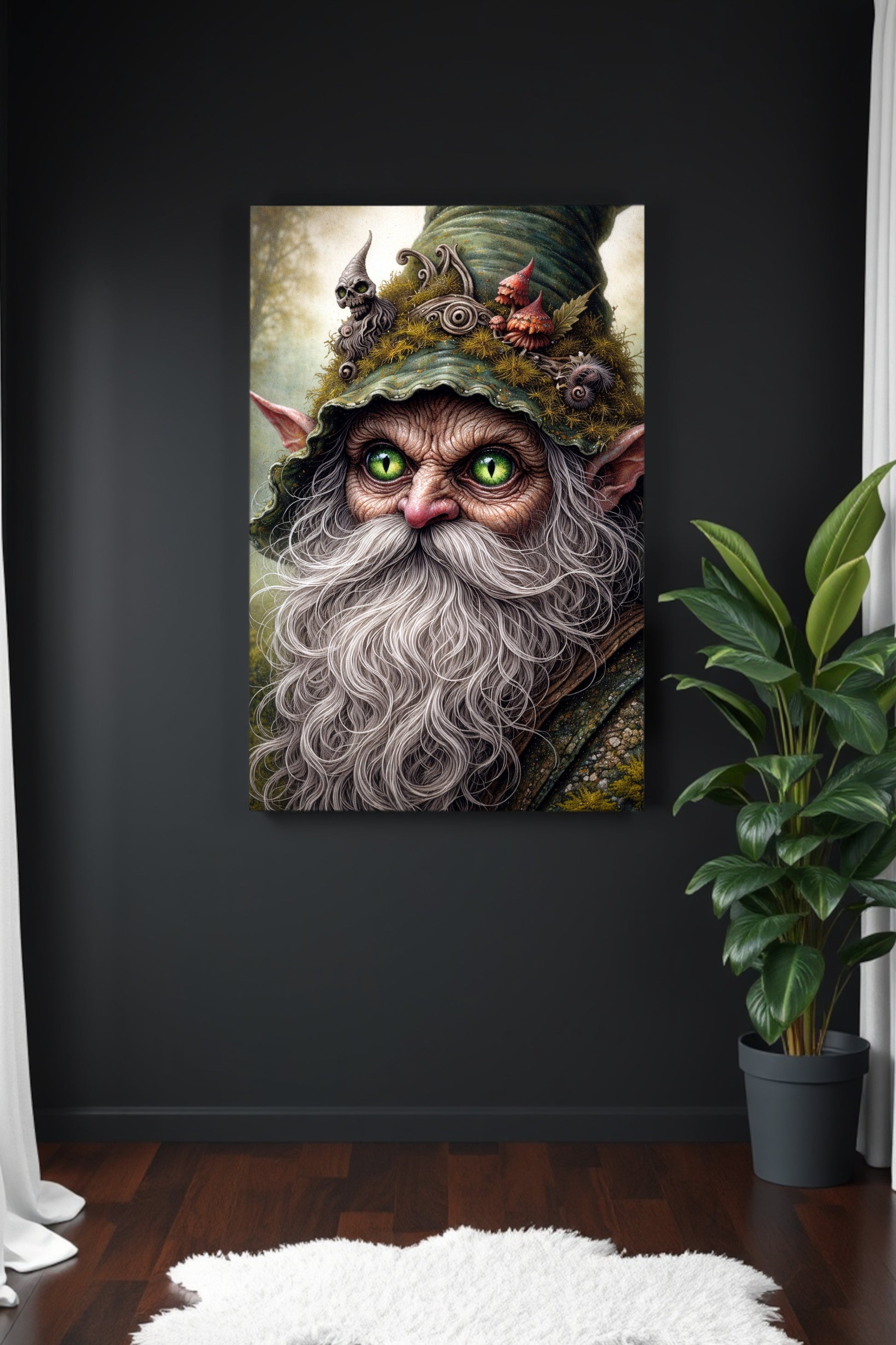 Detailreiche Illustration eines magischen Waldzwergs mit grünem Hut, langem grauen Bart und leuchtend grünen Augen