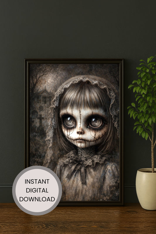 Illustration einer unheimlichen Puppe mit großen Augen, genähtem Gesicht, Spitzenhaube und düsterem Hintergrund