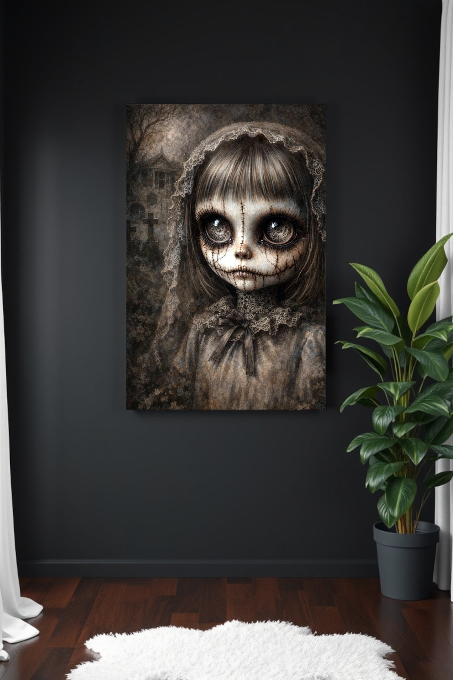 Illustration einer unheimlichen Puppe mit großen Augen, genähtem Gesicht, Spitzenhaube und düsterem Hintergrund