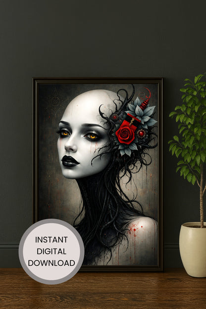 Elegantes Gothic-Porträt einer Frau mit goldenen Augen, schwarzem Haar und roter Rose im Haar vor dunklem Hintergrund