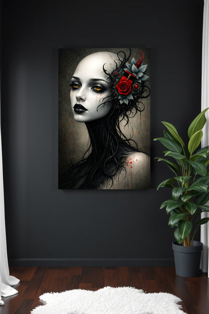 Elegantes Gothic-Porträt einer Frau mit goldenen Augen, schwarzem Haar und roter Rose im Haar vor dunklem Hintergrund