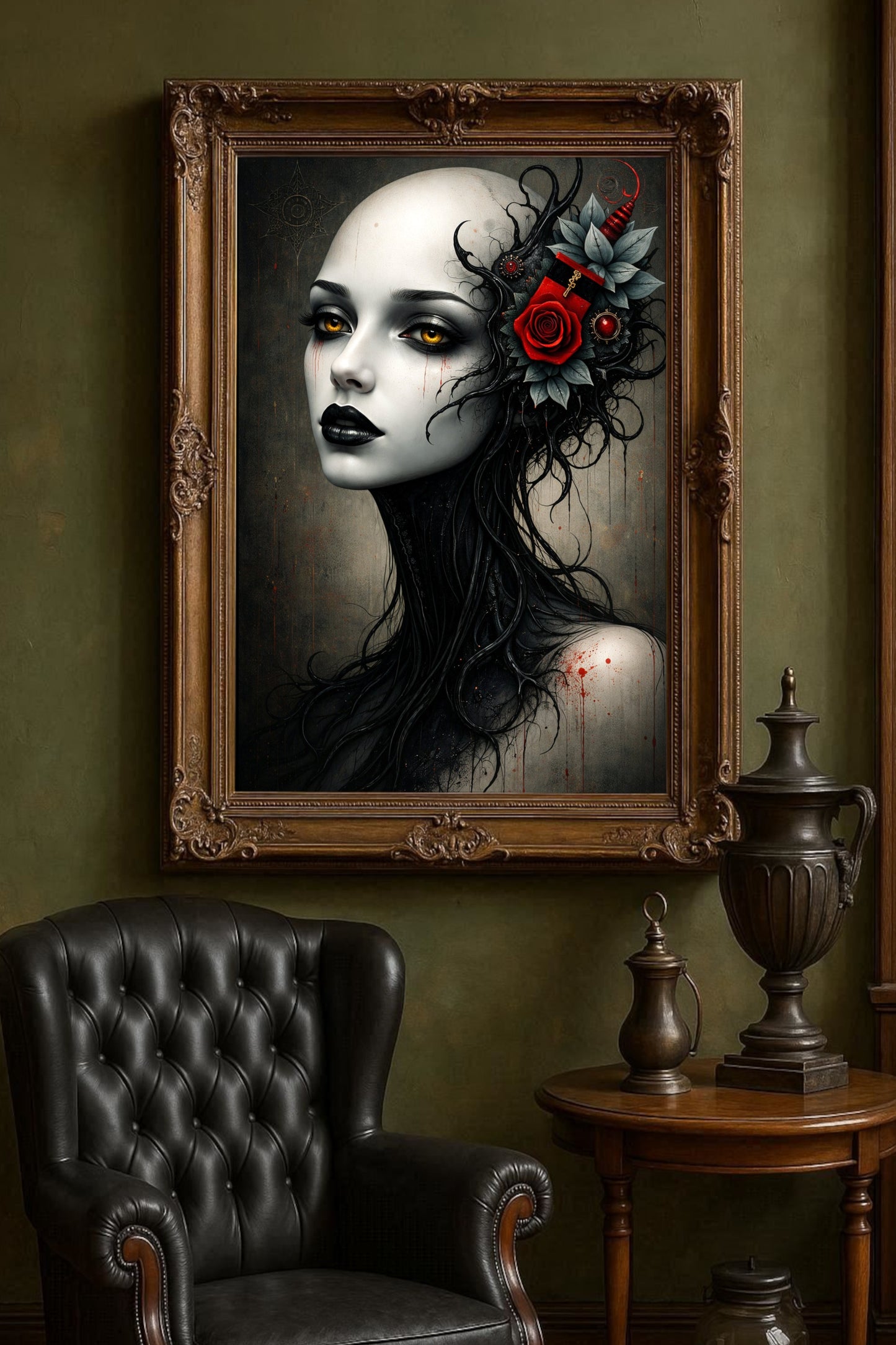 Elegantes Gothic-Porträt einer Frau mit goldenen Augen, schwarzem Haar und roter Rose im Haar vor dunklem Hintergrund