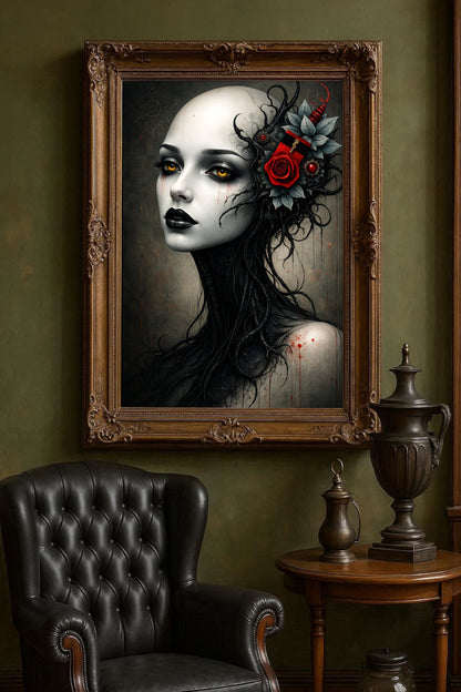 Elegantes Gothic-Porträt einer Frau mit goldenen Augen, schwarzem Haar und roter Rose im Haar vor dunklem Hintergrund
