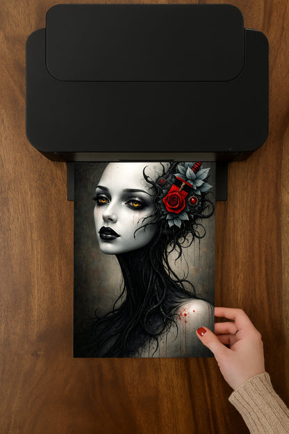 Elegantes Gothic-Porträt einer Frau mit goldenen Augen, schwarzem Haar und roter Rose im Haar vor dunklem Hintergrund