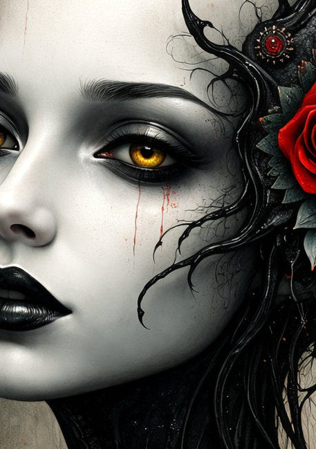Elegantes Gothic-Porträt einer Frau mit goldenen Augen, schwarzem Haar und roter Rose im Haar vor dunklem Hintergrund