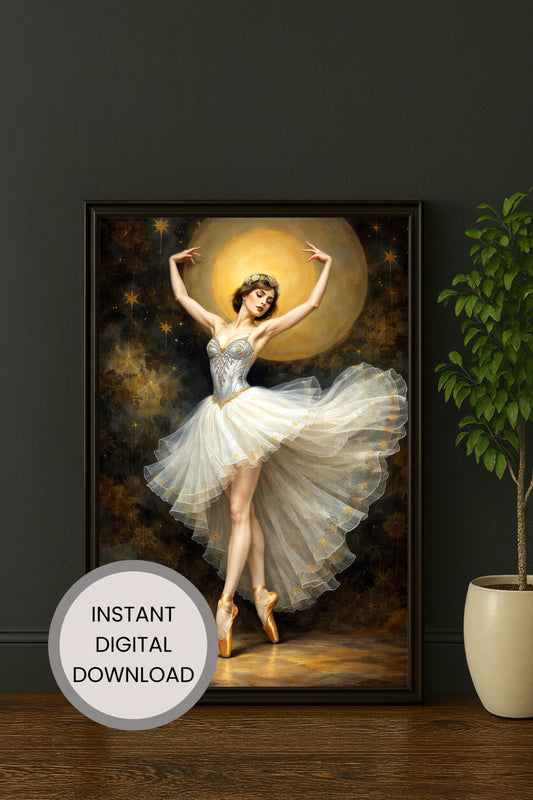 Elegante Illustration einer Balletttänzerin im weißen Tutu mit goldenen Akzenten vor dunklem Hintergrund
