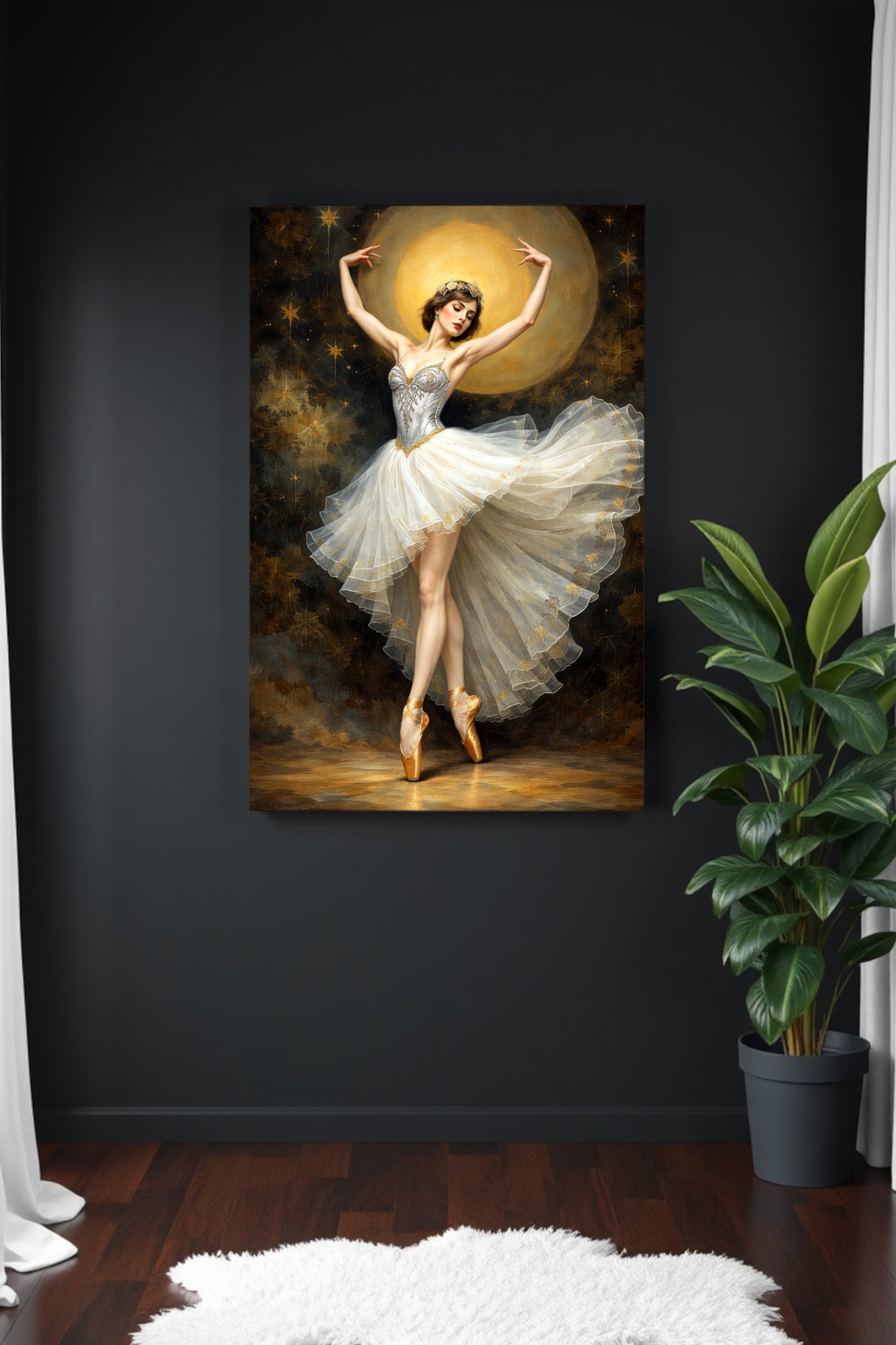 Elegante Illustration einer Balletttänzerin im weißen Tutu mit goldenen Akzenten vor dunklem Hintergrund