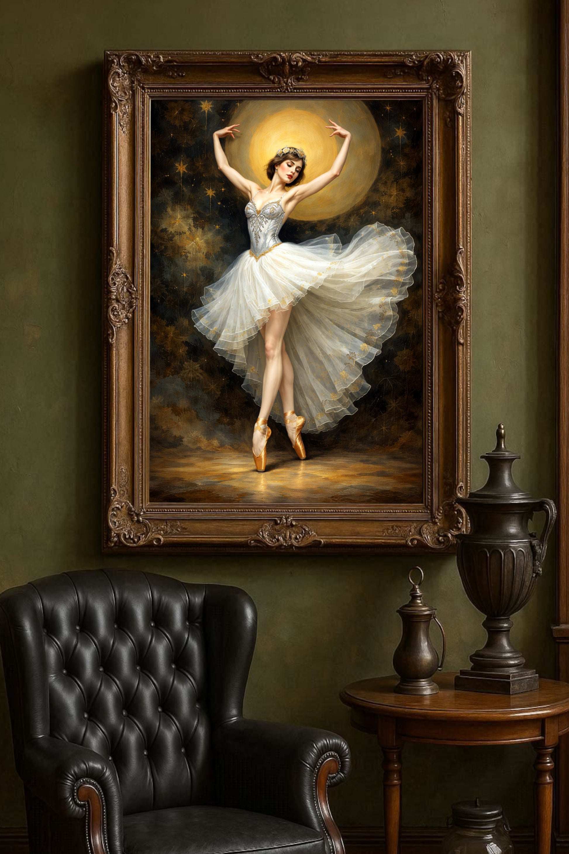 Elegante Illustration einer Balletttänzerin im weißen Tutu mit goldenen Akzenten vor dunklem Hintergrund