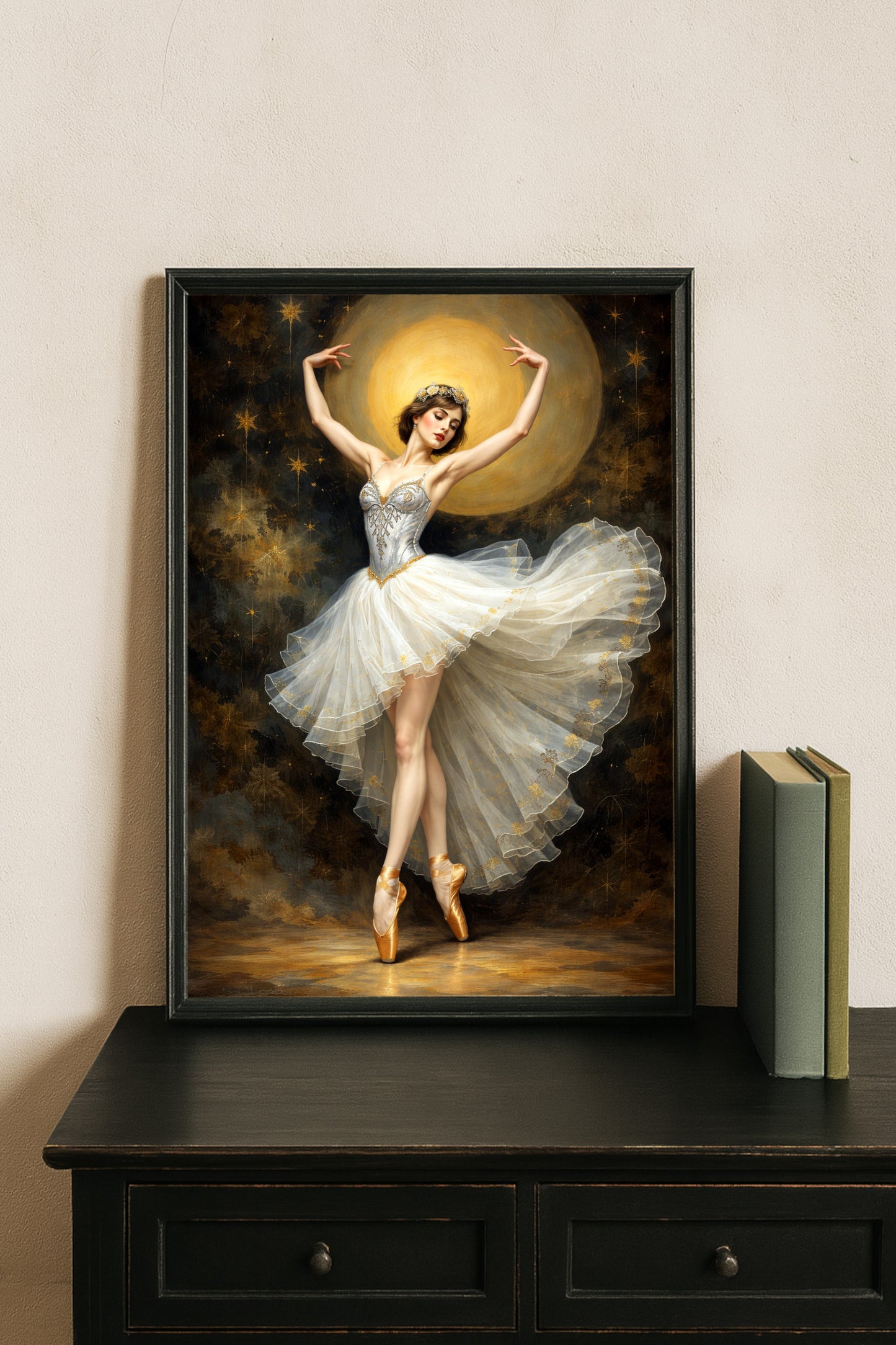 Elegante Illustration einer Balletttänzerin im weißen Tutu mit goldenen Akzenten vor dunklem Hintergrund