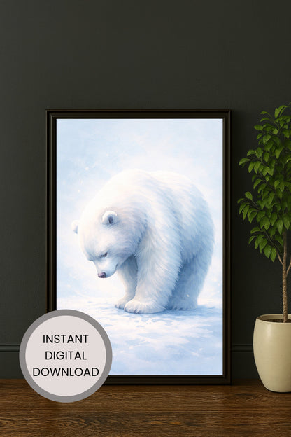 Sanfte Illustration eines nachdenklichen Eisbären im Schnee in hellen Blau- und Weißtönen