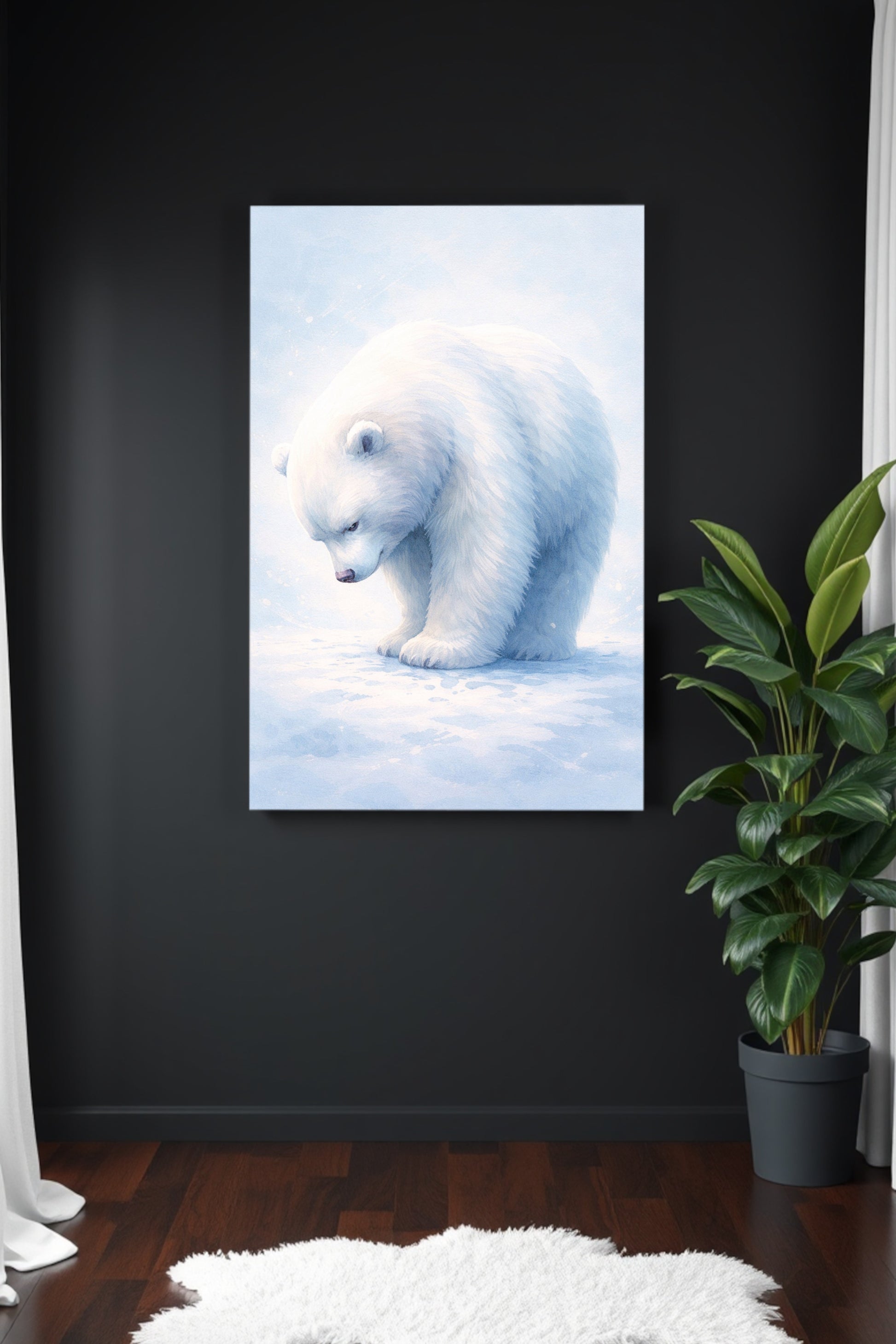 Sanfte Illustration eines nachdenklichen Eisbären im Schnee in hellen Blau- und Weißtönen