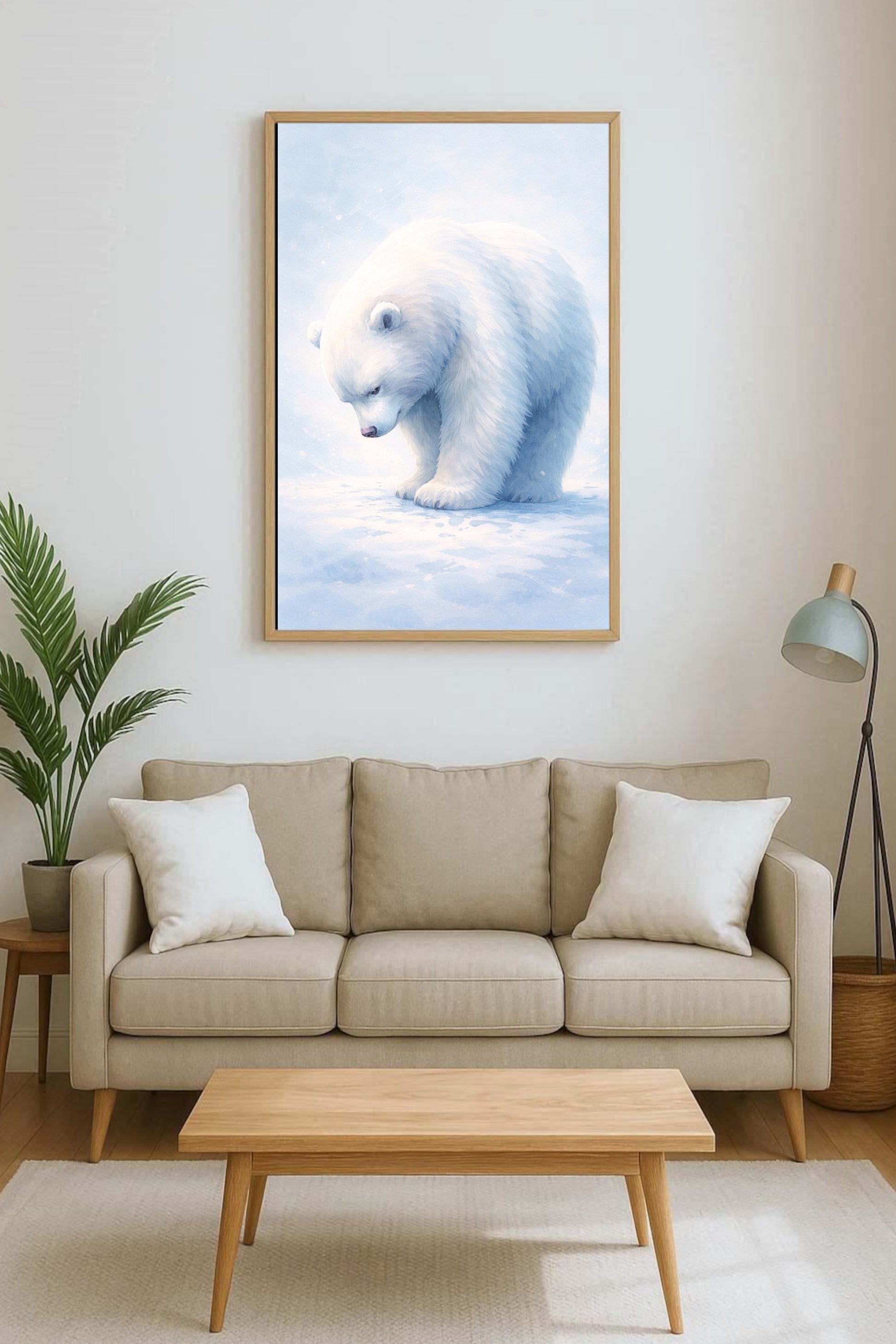 Sanfte Illustration eines nachdenklichen Eisbären im Schnee in hellen Blau- und Weißtönen