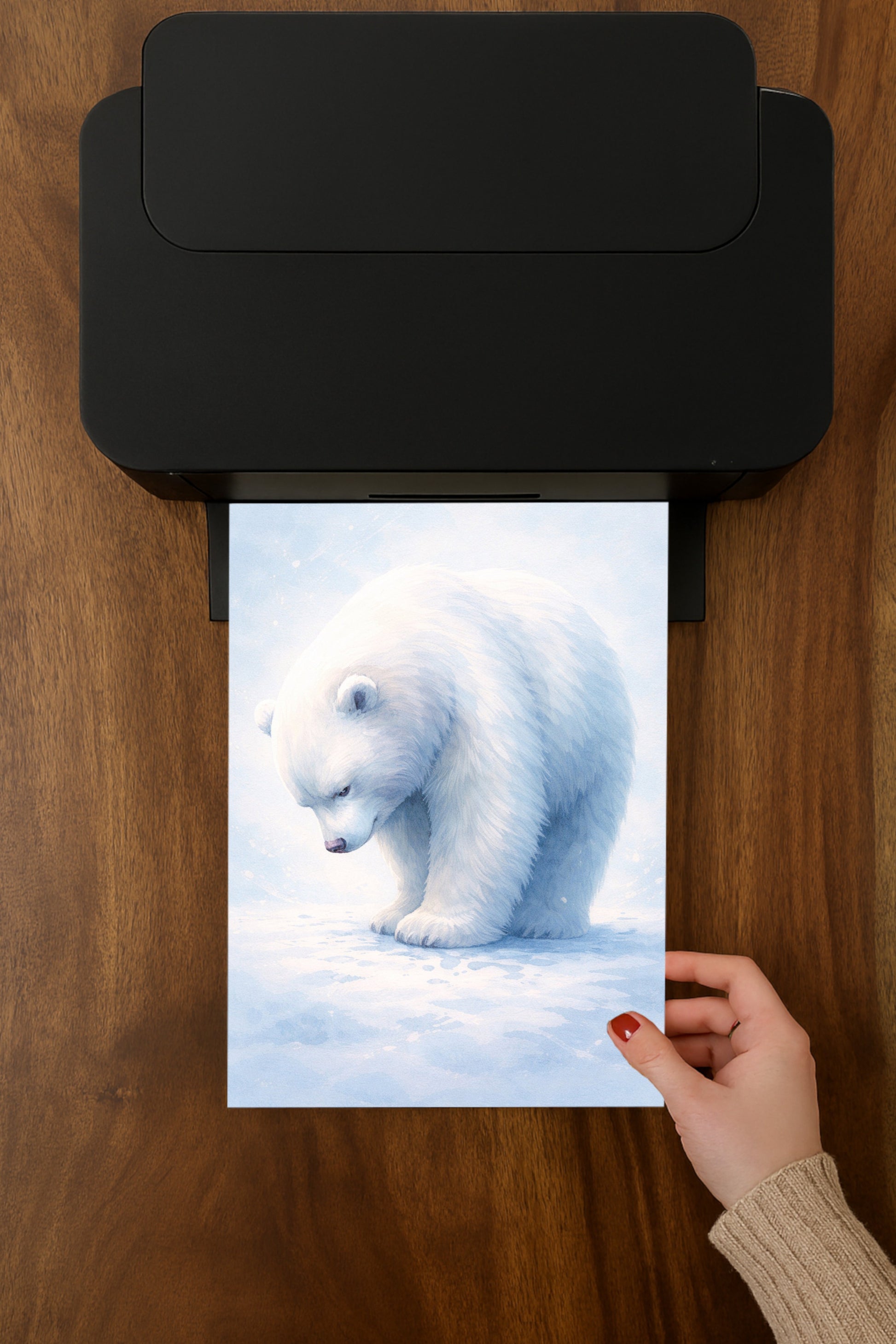 Sanfte Illustration eines nachdenklichen Eisbären im Schnee in hellen Blau- und Weißtönen