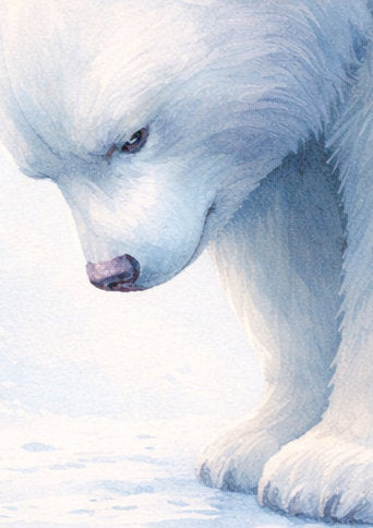 Sanfte Illustration eines nachdenklichen Eisbären im Schnee in hellen Blau- und Weißtönen