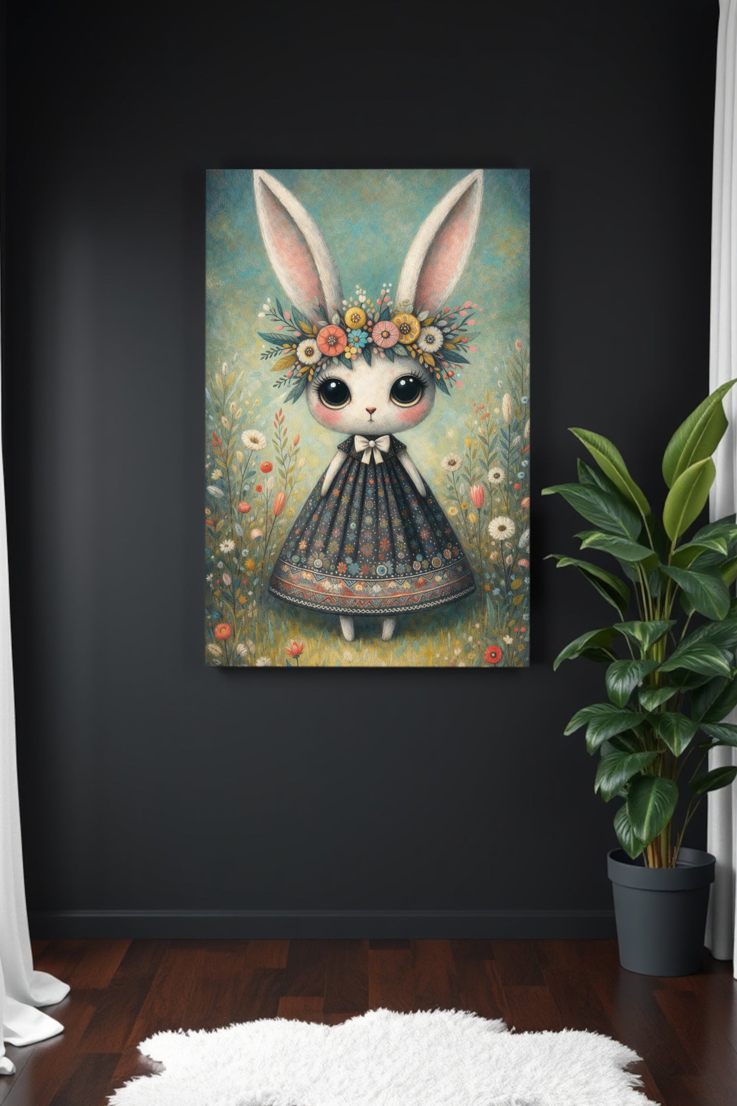 Verspielte Illustration eines Hasen mit Blumenkranz und Kleid in einer blühenden Wiese im Cottagecore Stil