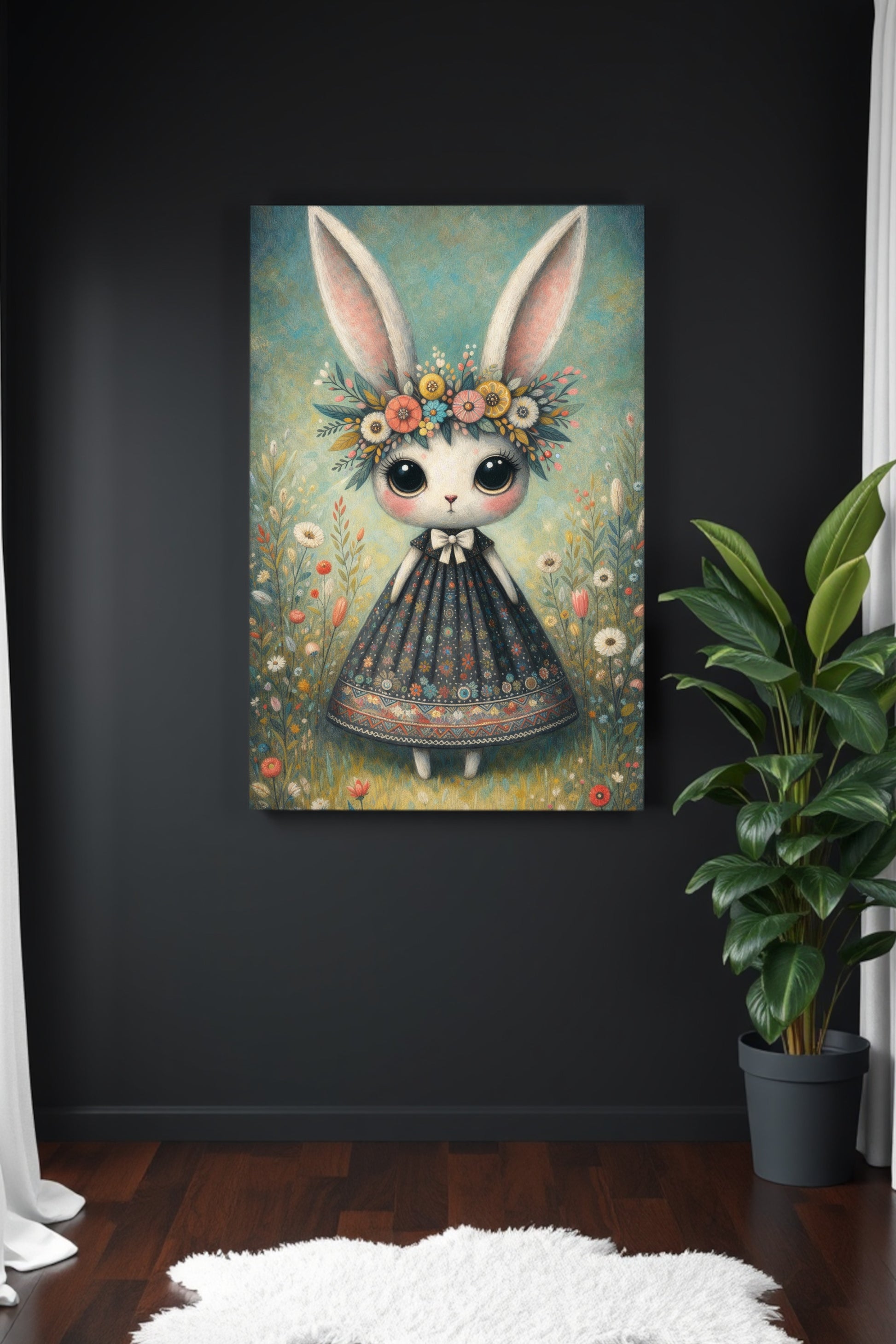 Verspielte Illustration eines Hasen mit Blumenkranz und Kleid in einer blühenden Wiese im Cottagecore Stil