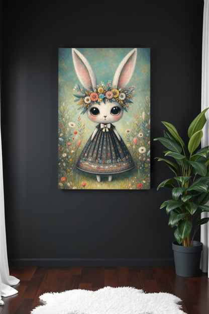 Verspielte Illustration eines Hasen mit Blumenkranz und Kleid in einer blühenden Wiese im Cottagecore Stil